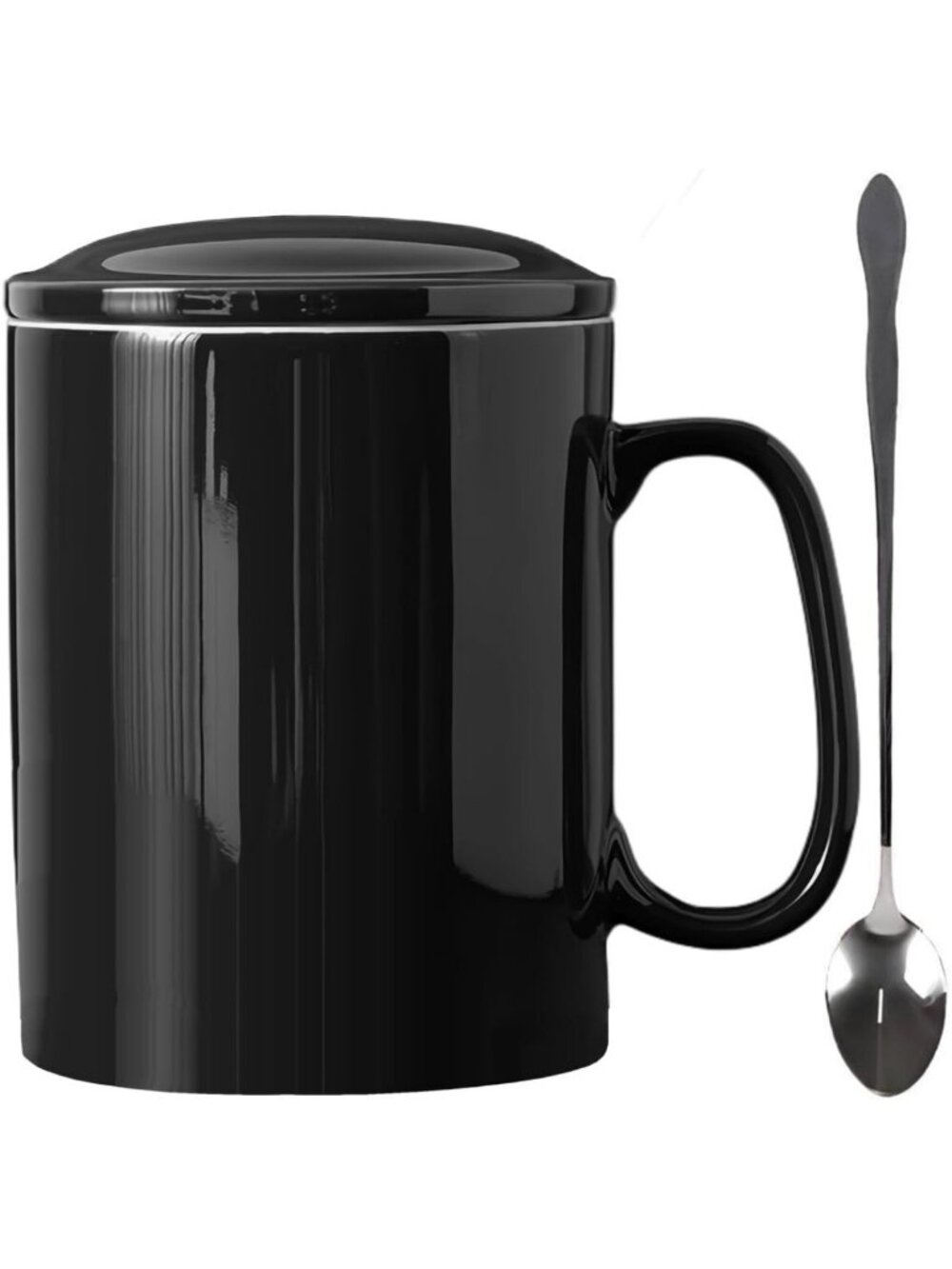 Extra Large 33 oz Ceramic Coffee Mug with Lid & Spoon - Black, Perfect for Home
